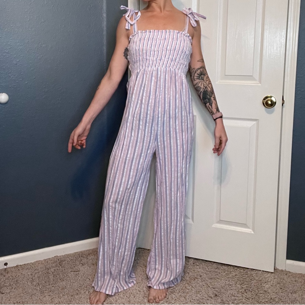 Blue, pink, & white jumpsuit w tie straps